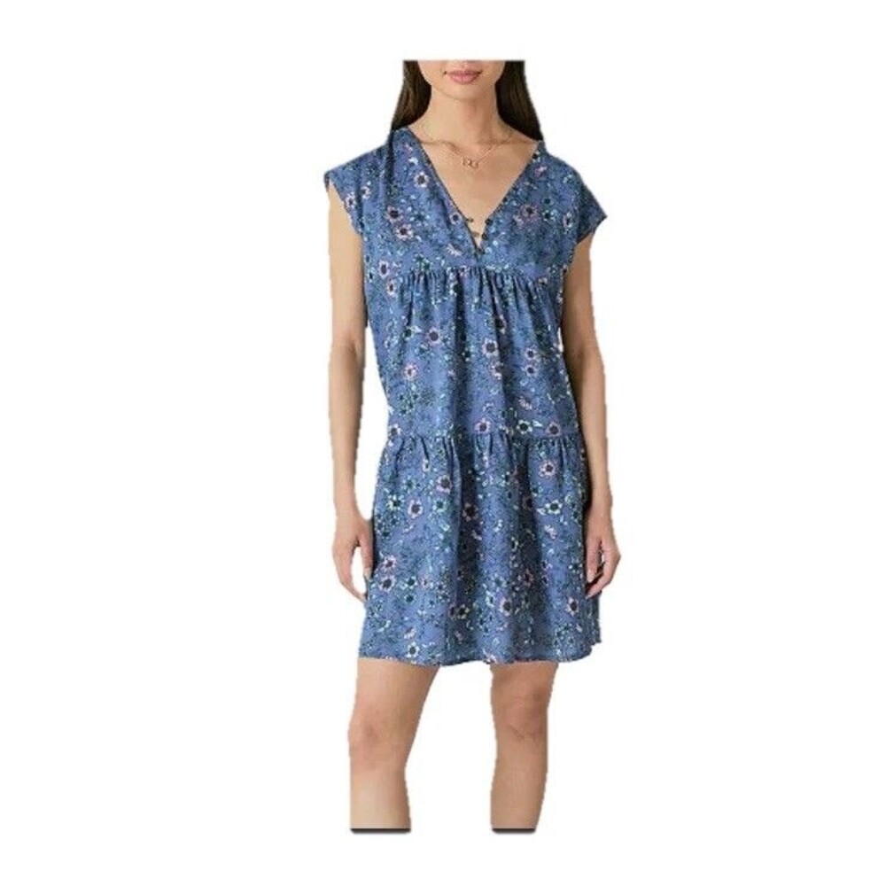 Lucky Brand Blue Oversized Floral Short Sleeve Mini Boho Dress Size Small Women